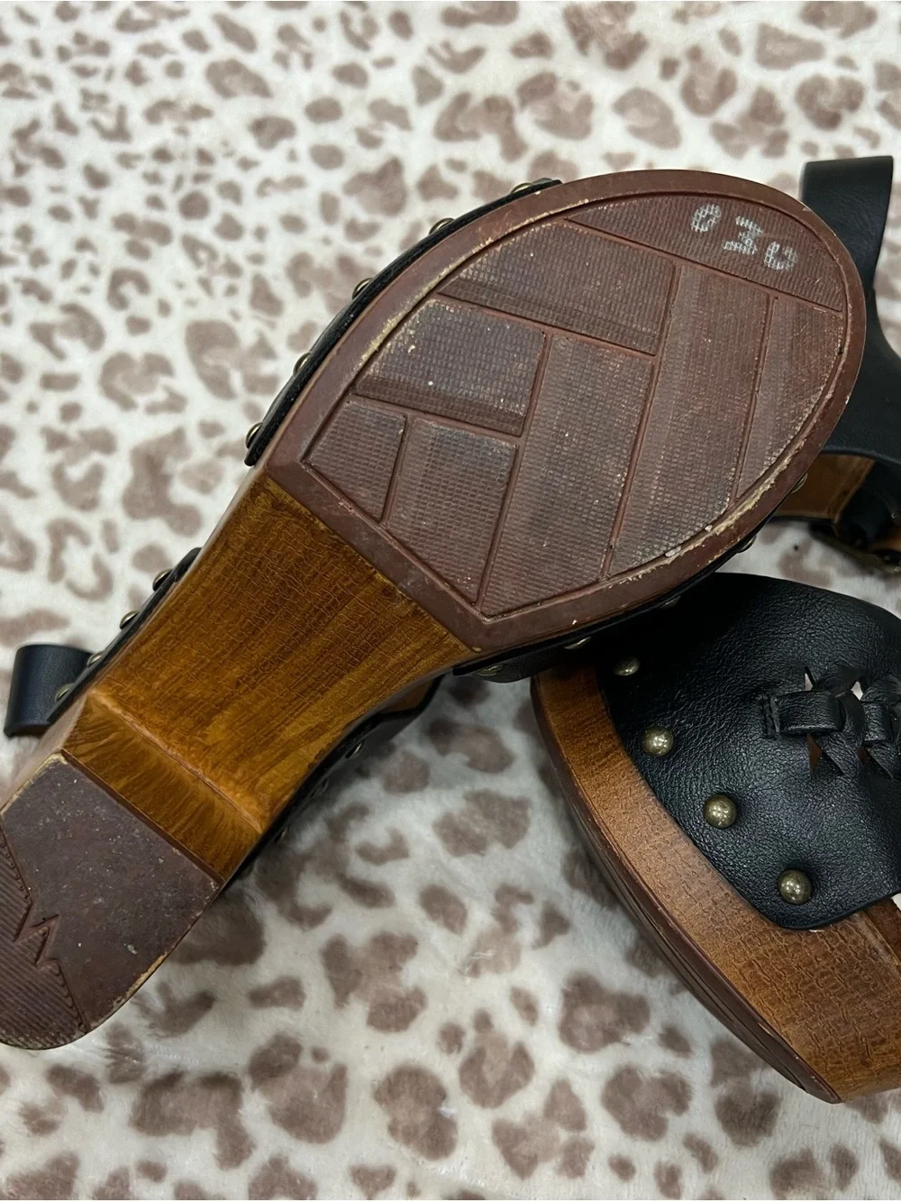 Black Leather Platform Sandals with Stud Accents